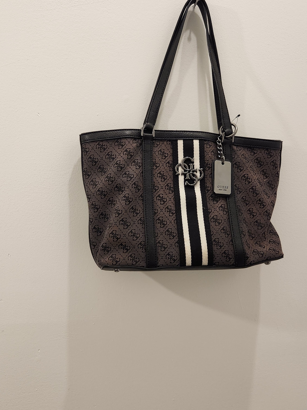 Guess Signature Monogram Tote Bag in Black and Brown